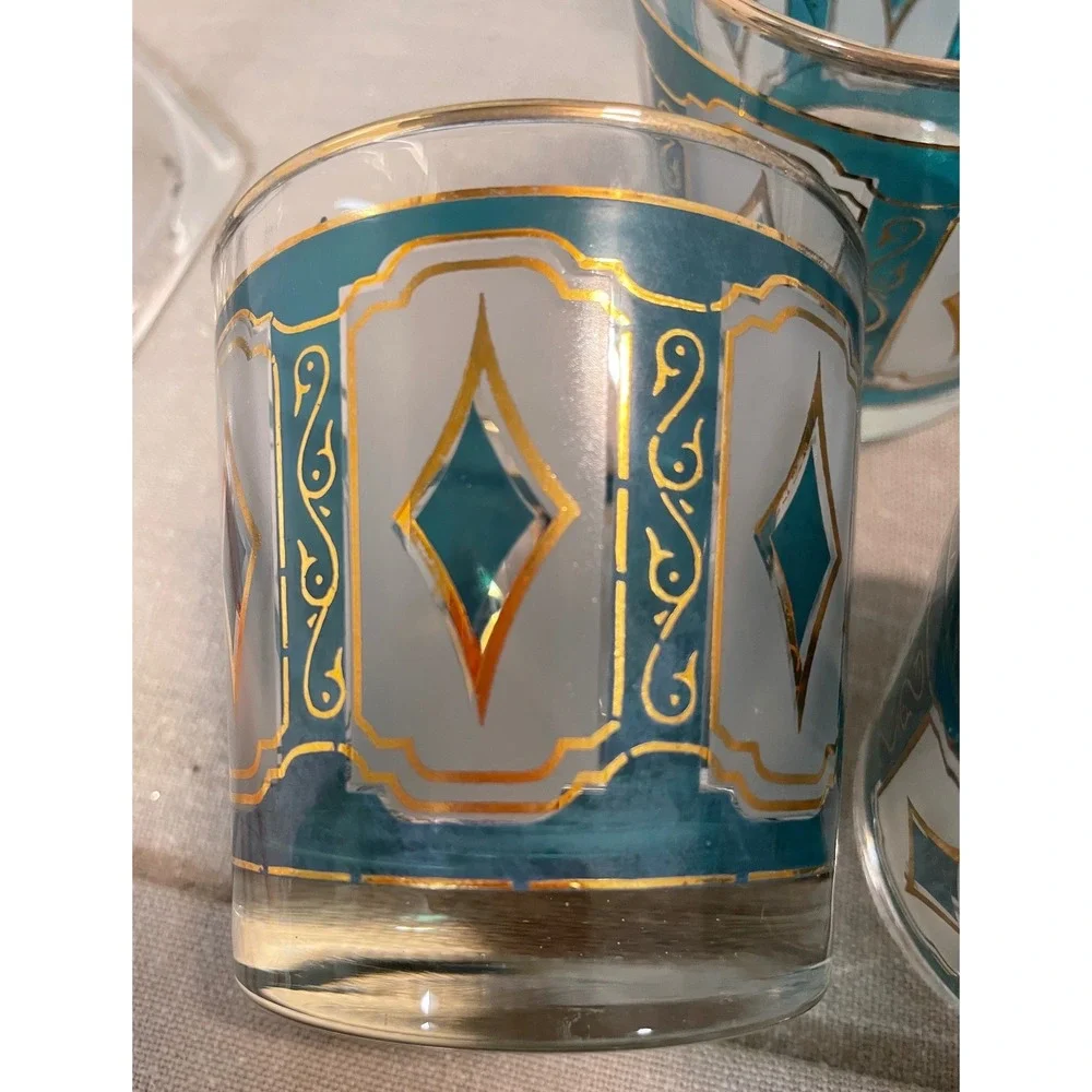MCM Federal Teal Gold Diamond Rocks whiskey Glasses Set of‎ 7 Hollywood Regency